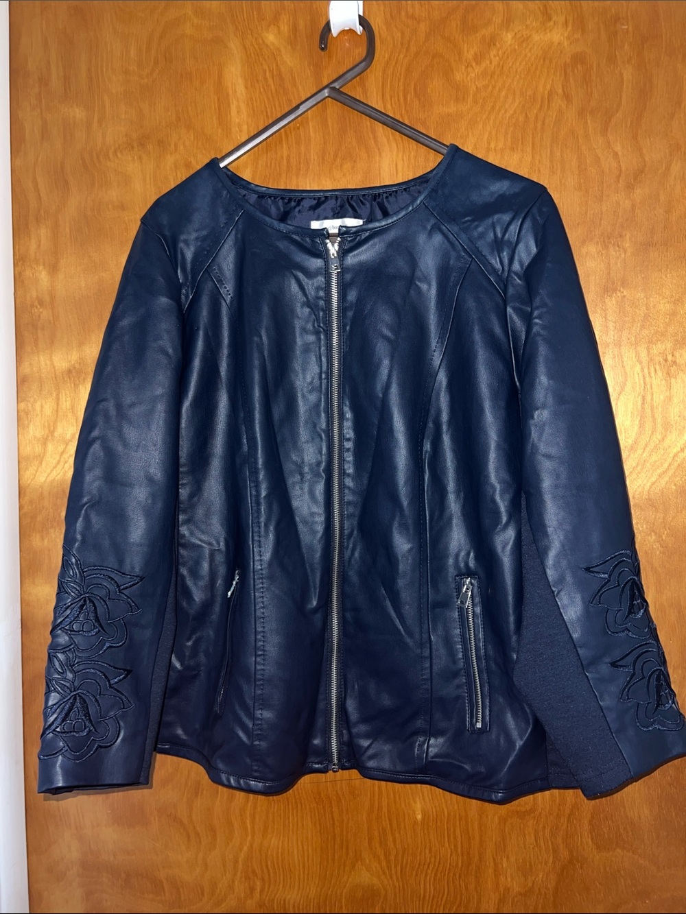 Women’s Navy Blue Faux Leather Zip Front Jacket